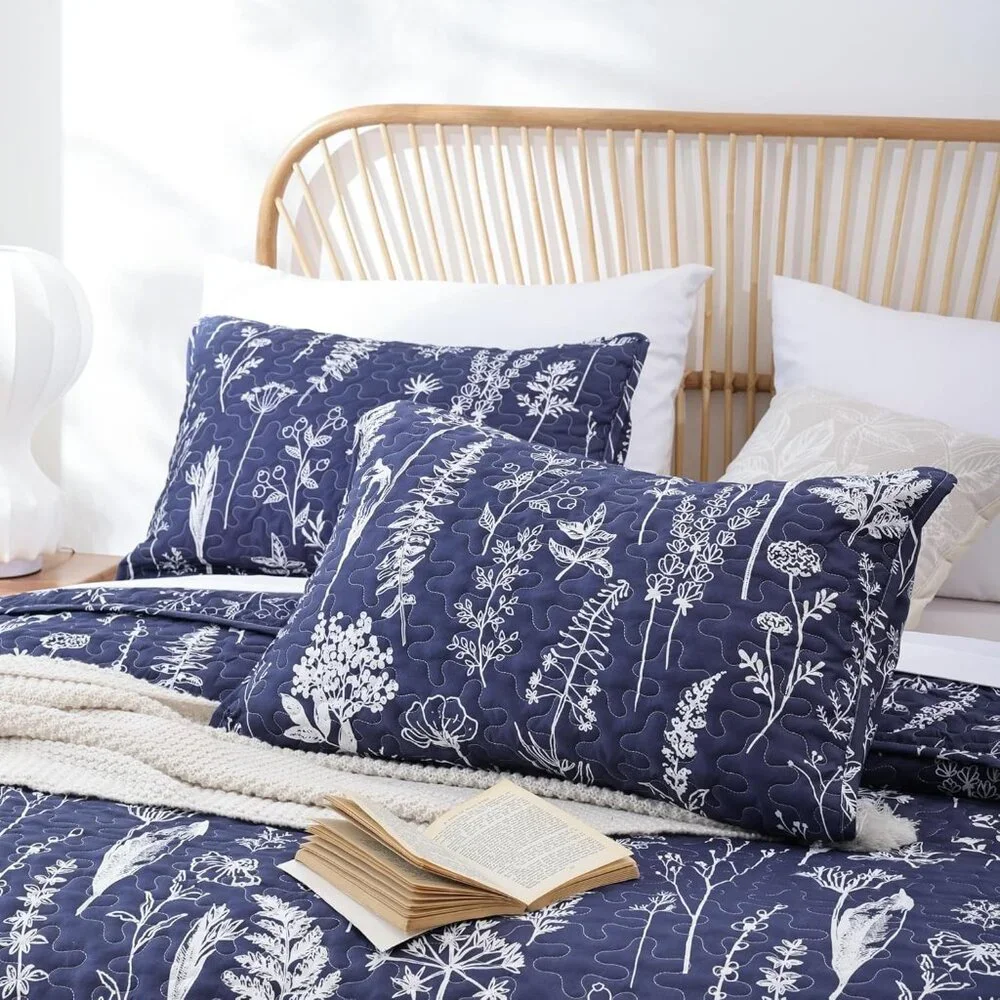 New Quilts Queen Size Navy Blue Floral Queen Quilt Bedding Set Microfiber Boho